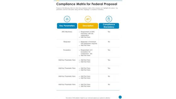 Compliance Matrix For Federal Proposal One Pager Sample Example Document