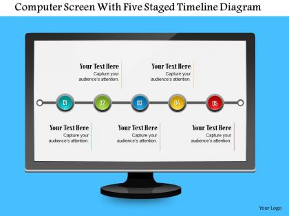 Computer screen with five staged timeline diagram powerpoint template