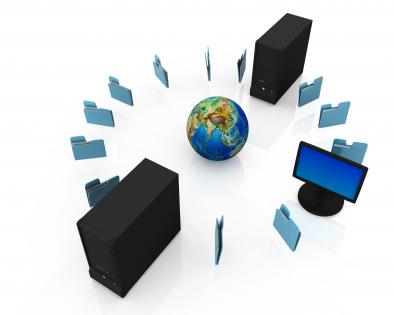 Computer server with globe showing concept of network stock photo