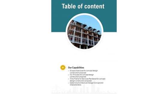 Concept Design Construction Proposal Table Of Content One Pager Sample Example Document