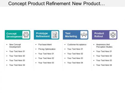 Concept product refinement new product development steps with icons