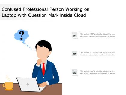 Confused professional person working on laptop with question mark inside cloud