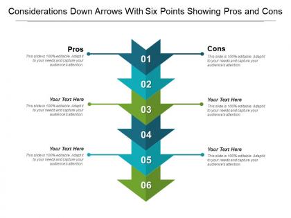 Considerations down arrows with six points showing pros and cons