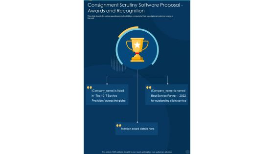 Consignment Scrutiny Software Awards And Recognition One Pager Sample Example Document