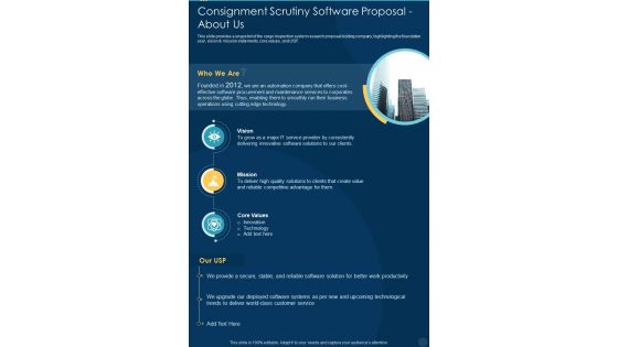 Consignment Scrutiny Software Proposal About Us One Pager Sample Example Document