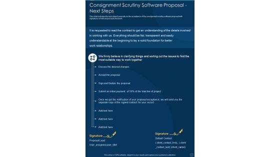 Consignment Scrutiny Software Proposal Next Steps One Pager Sample Example Document