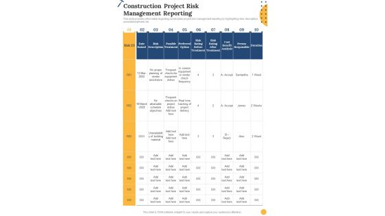 Construction Construction Project Risk Management Reporting One Pager Sample Example Document