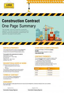 Construction contract one page summary presentation report infographic ppt pdf document
