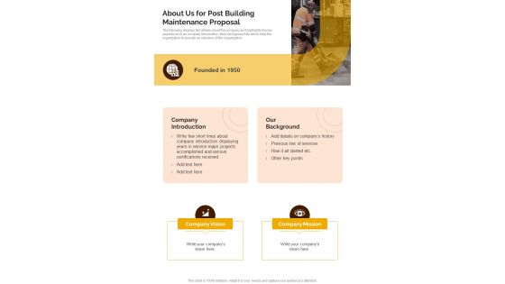 Construction Maintenance About Us For Post Building One Pager Sample Example Document