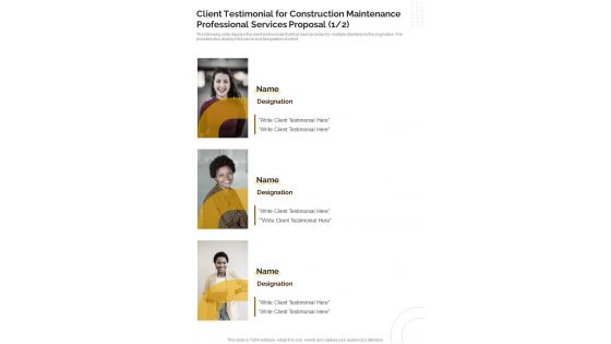 Construction Maintenance Professional For Client Testimonial One Pager Sample Example Document