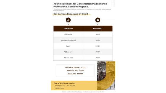 Construction Maintenance Professional For Your Investment One Pager Sample Example Document