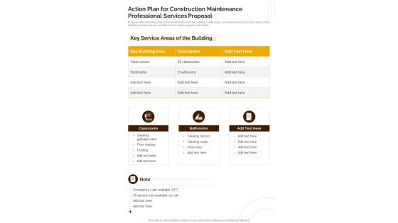 Construction Maintenance Professional Services For Action Plan One Pager Sample Example Document