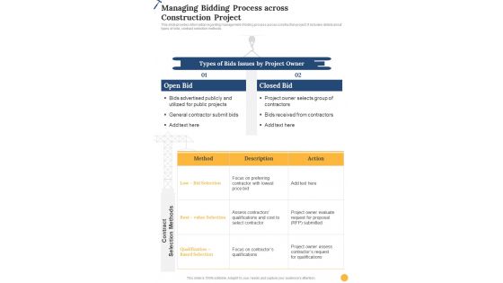 Construction Managing Bidding Process Across Construction Project One Pager Sample Example Document