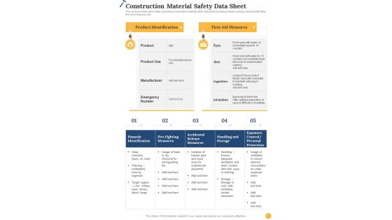 Construction Material Safety Data Sheet Construction Playbook One Pager Sample Example Document