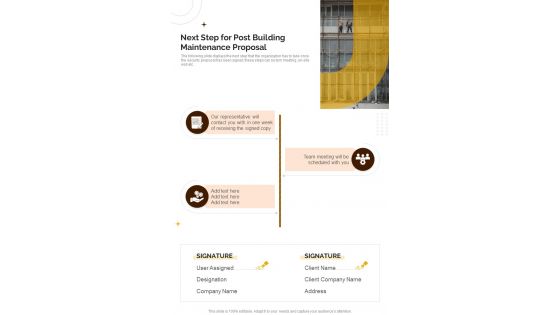 Construction Next Step For Post Building Maintenance Proposal One Pager Sample Example Document