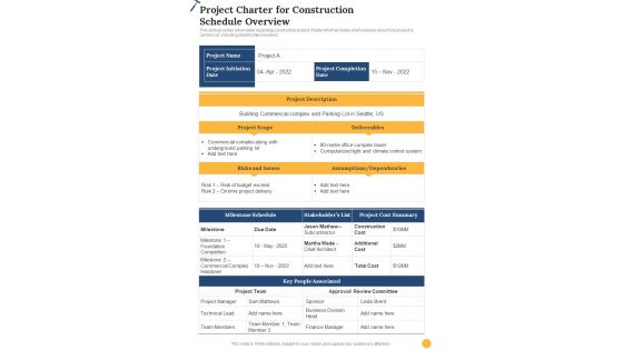 Construction Playbook Project Charter For Construction Schedule One Pager Sample Example Document