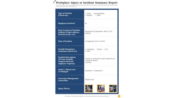 Construction Playbook Workplace Injury Or Incident Summary Report One Pager Sample Example Document