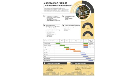 Construction Project Quarterly Performance Status Presentation Report Infographic Ppt Pdf Document