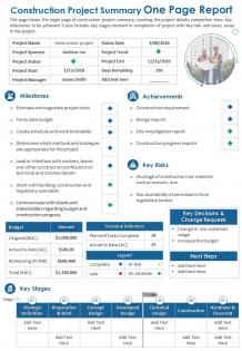Construction project summary one page report presentation report infographic ppt pdf document
