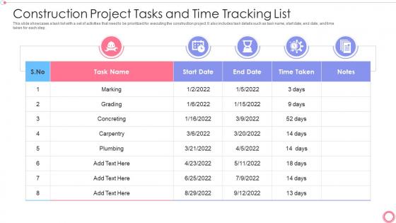 Construction project tasks and time tracking list
