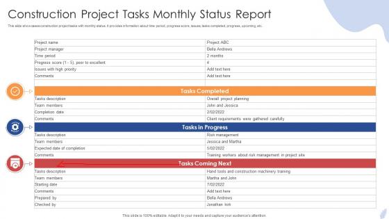 Construction Project Tasks Monthly Status Report