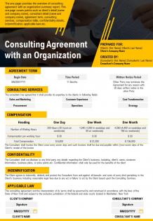 Consulting agreement with an organization presentation report infographic ppt pdf document