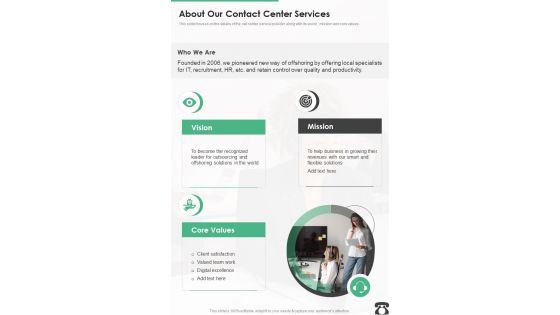 Contact Center About Our Contact Center Services One Pager Sample Example Document