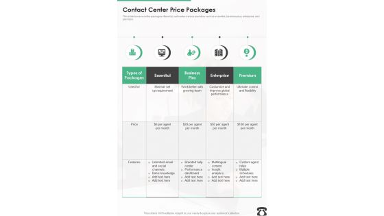 Contact Center Price Packages One Pager Sample Example Document