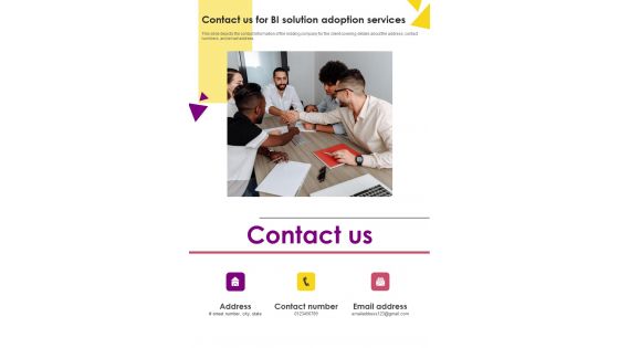 Contact Us For BI Solution Adoption One Pager Sample Example Document