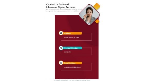 Contact Us For Brand Influencer Signup Services One Pager Sample Example Document
