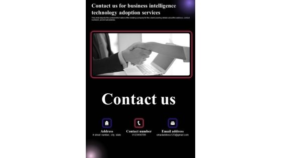 Contact Us For Business Intelligence Technology Adoption Services One Pager Sample Example Document