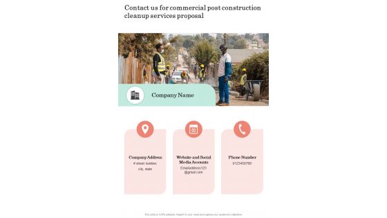 Contact Us For Commercial Post Construction Cleanup Services Proposal One Pager Sample Example Document