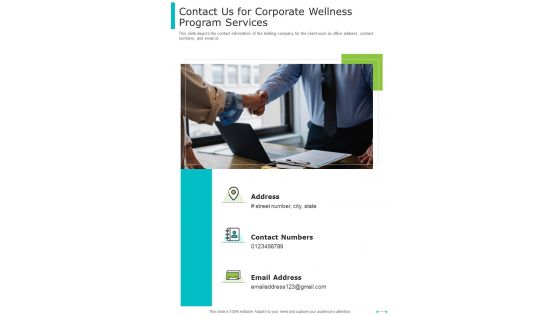 Contact Us For Corporate Wellness Program Services One Pager Sample Example Document