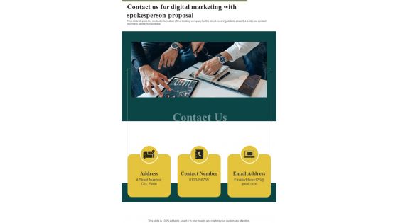 Contact Us For Digital Marketing With Spokesperson Proposal One Pager Sample Example Document