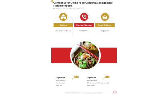 Contact Us For Online Food Ordering Management System Proposal One Pager Sample Example Document
