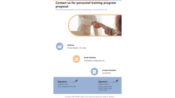 Contact Us For Personnel Training Program Proposal One Pager Sample Example Document
