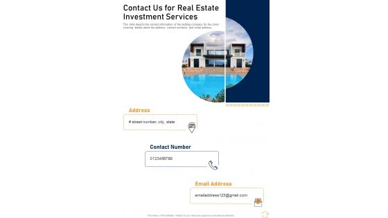 Contact Us For Real Estate Investment Services One Pager Sample Example Document