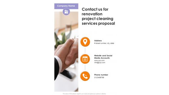 Contact Us For Renovation Project Cleaning Services Proposal One Pager Sample Example Document