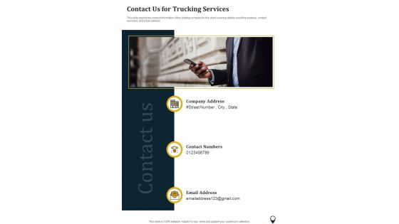 Contact Us For Trucking Services One Pager Sample Example Document