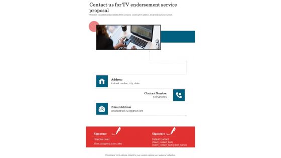 Contact Us For Tv Endorsement Service Proposal One Pager Sample Example Document