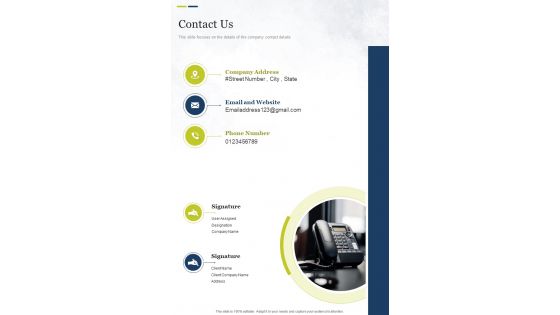 Contact Us Restaurant Website Proposal One Pager Sample Example Document