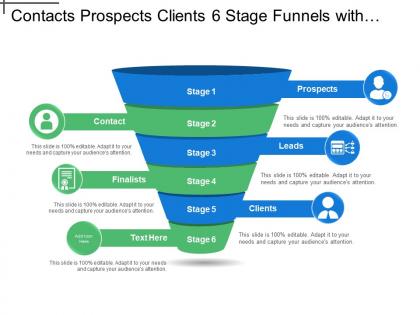 Contacts prospects clients 6 stage funnels with icons