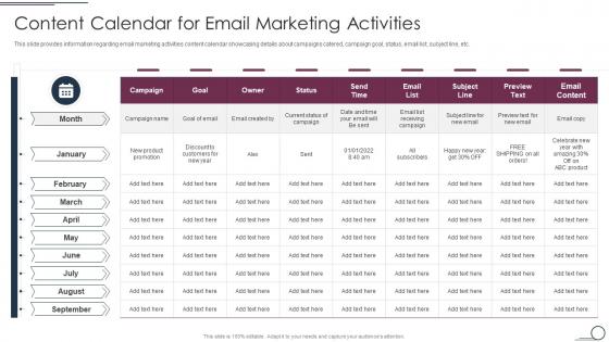 Content Calendar For Email Marketing Activities Franchise Promotional Plan Playbook
