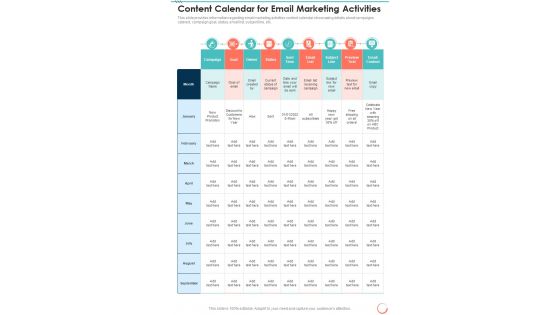 Content Calendar For Email Marketing Activities One Pager Sample Example Document