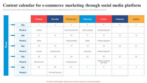 Content Calendar For Through Introduction To E Commerce Marketing Management Strategies