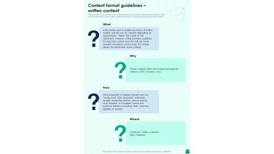 Content Format Guidelines Written Content Social Media Playbook One Pager Sample Example Document