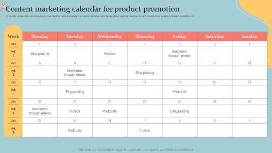 Content Marketing Calendar For Product Promotion Executive MLM Plan MKT SS V