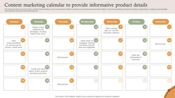 Content Marketing Calendar To Provide Informative Farm Services Marketing Strategy SS V