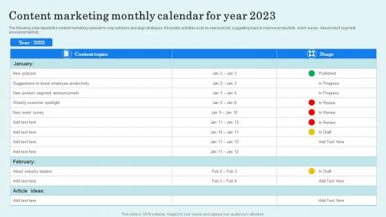 Content Marketing Monthly Calendar For Year 2023