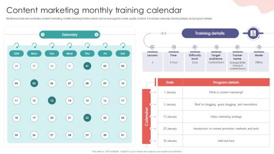 Content Marketing Monthly Training Calendar Digital Marketing Training Implementation DTE SS